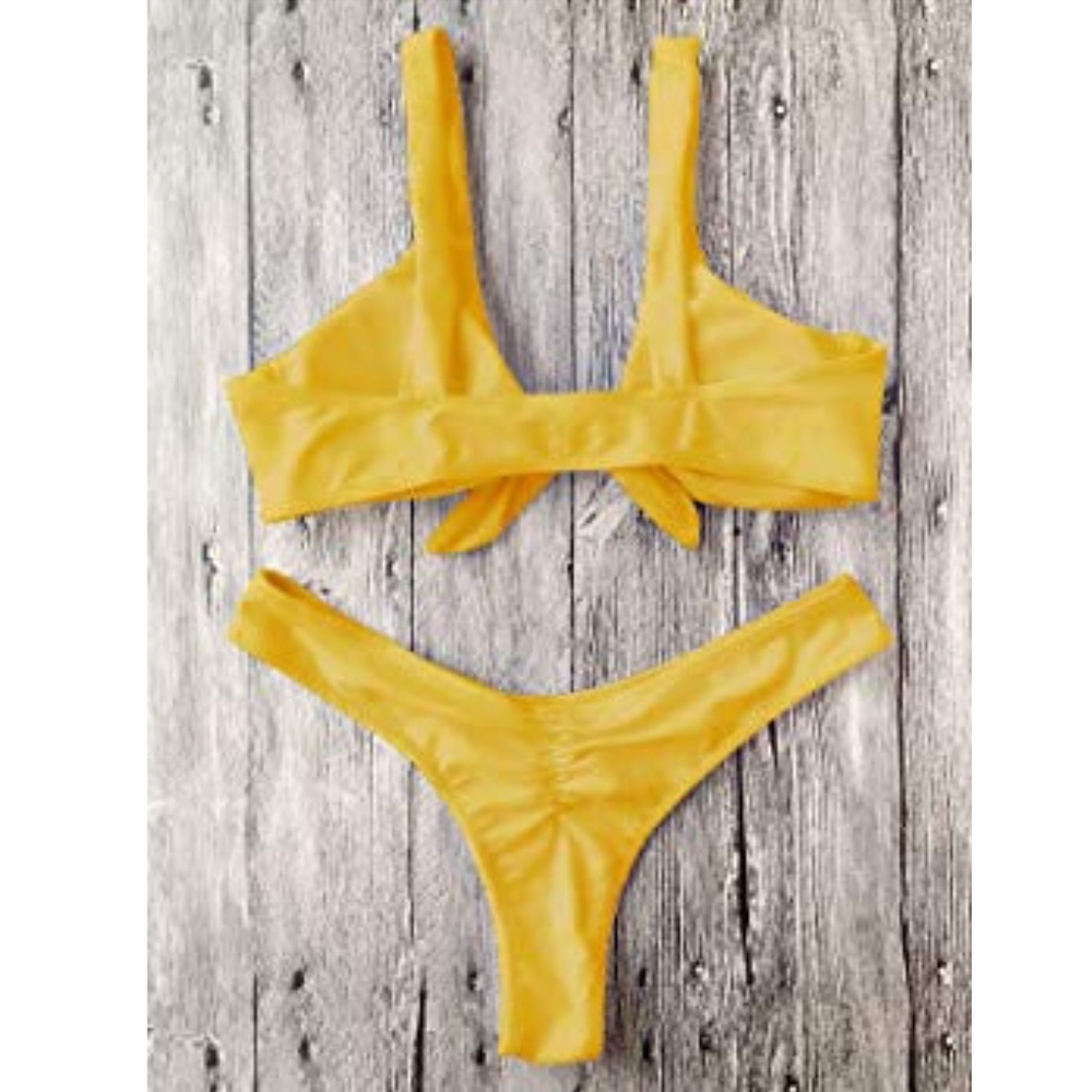 Mustard Tie Knot Front Rushed Back Swimsuit - Picture 2 of 5